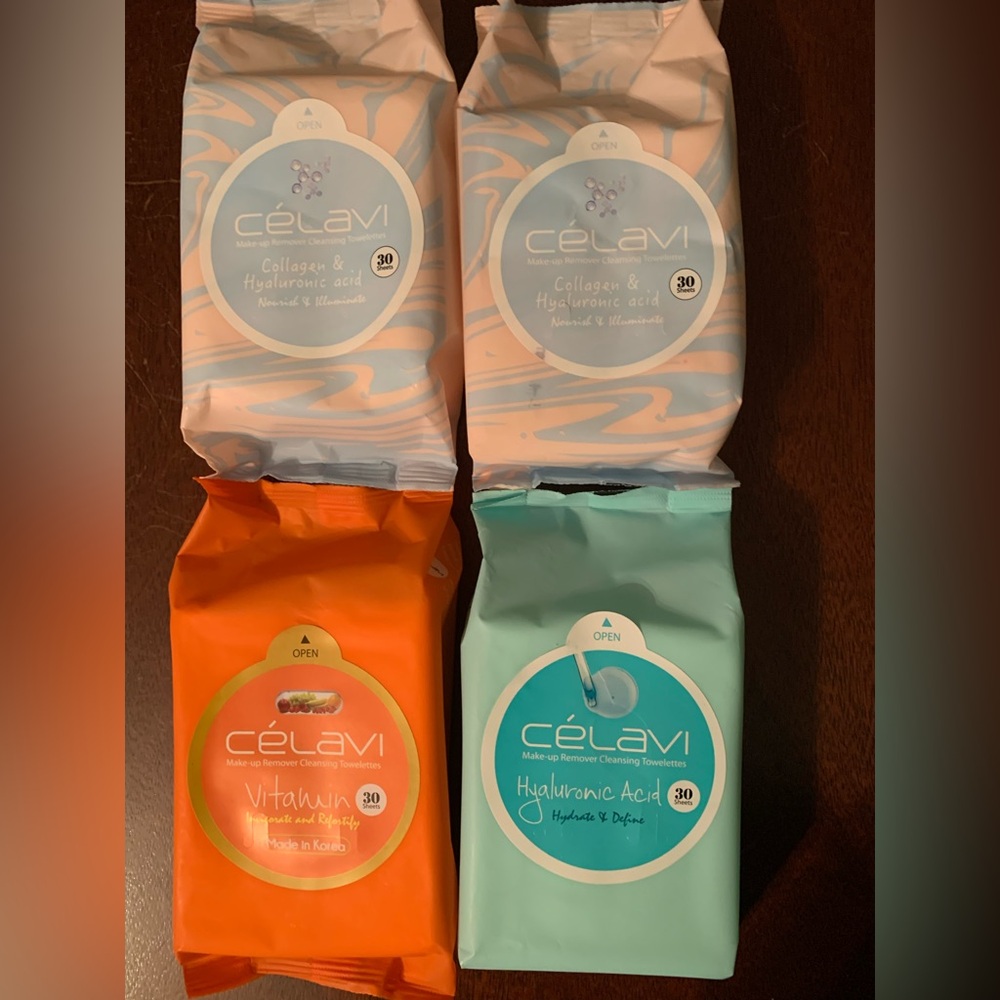Celavi Korean skincare- makeup remover cleansing towelettes. 4 pks shown